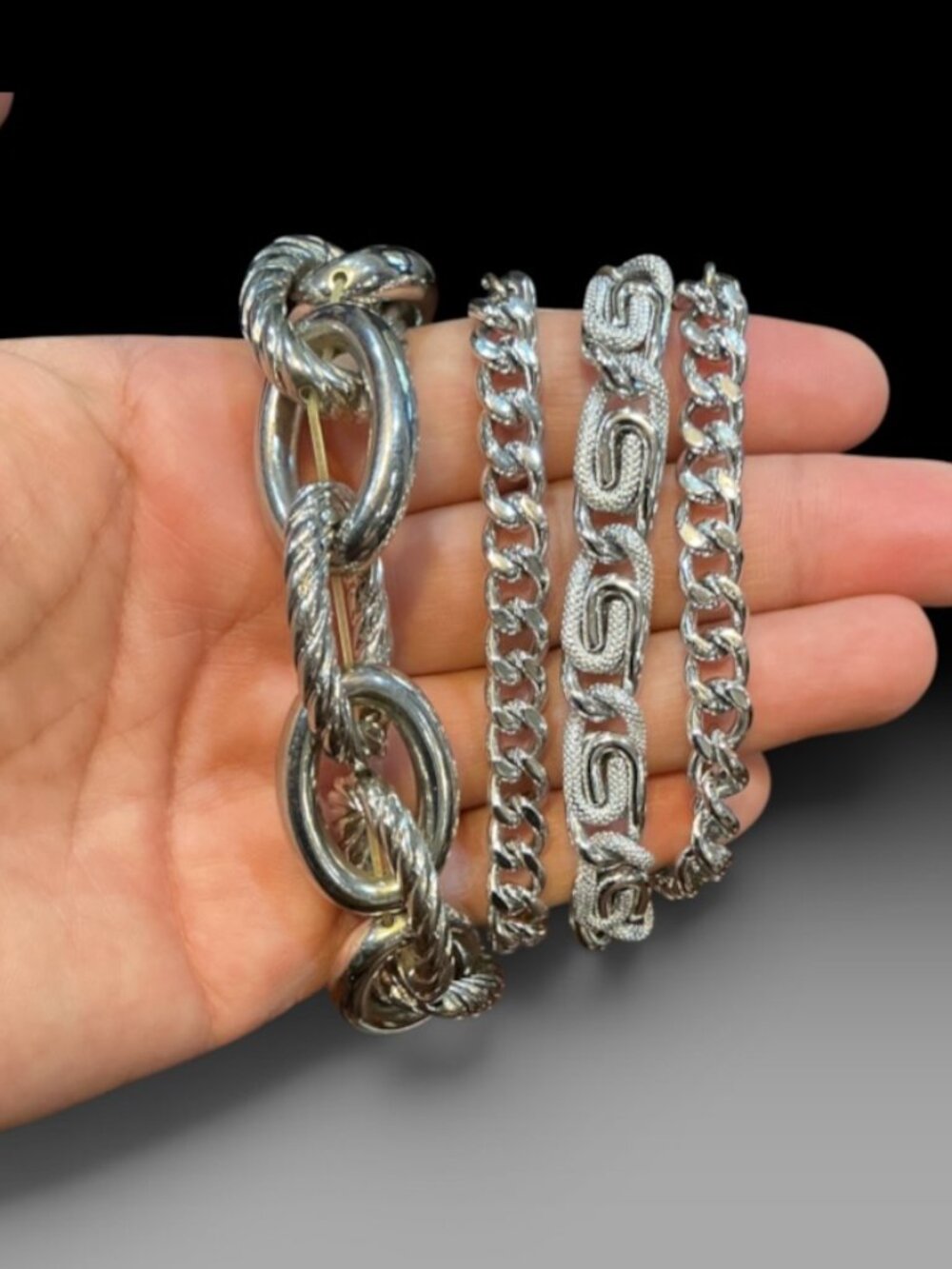 Vintage Silver Tone Bracelet Lot of 2 STAR Rhinestone Chunky Chain Stretch